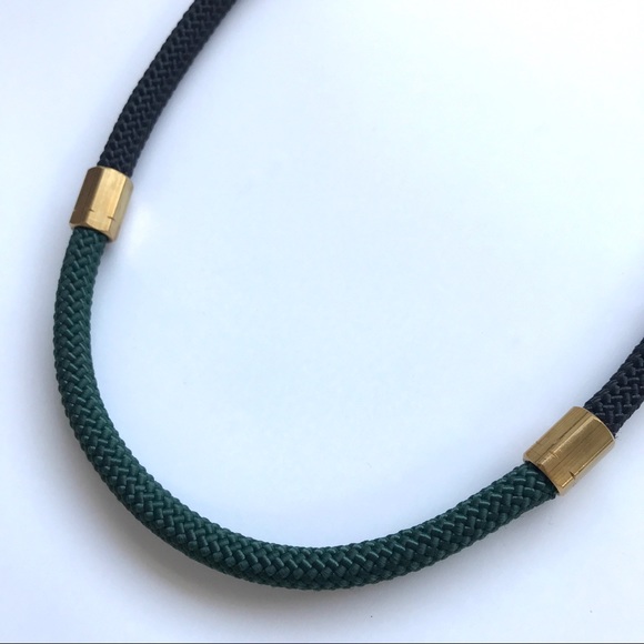 Black + forest green statement necklace with brass hexagonal pieces - Picture 2 of 4